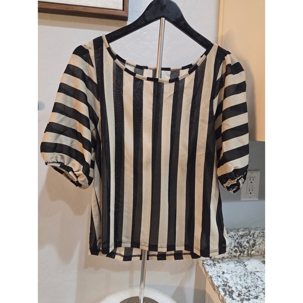 Sheer Mesh Puff Sleeve Top Black Cream Vertical Stripe Round Neck Blouse